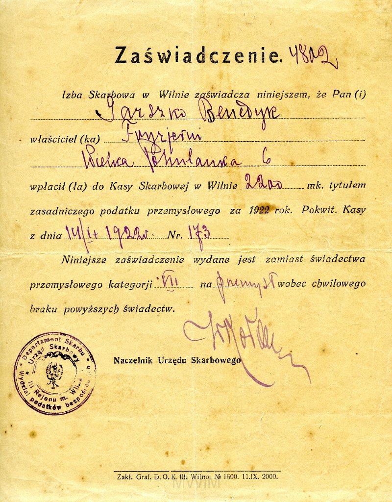 KKE 5740.jpg - Dok. Zaświadczenie wpłaty podatku skarbowego dla Benedykta Graszko właściciela zakładu fryzjerskiego, Wilno, 14 II 1922 r.